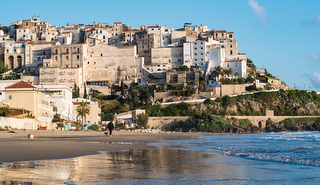 Panoramic view of Sperlonga and beautiful sandy beach. Winter in Italy