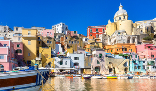 Procida Island, Naples, Italy. The Colorful Harbour Of La Corric